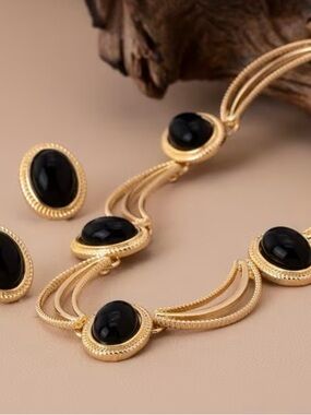 Gold-Tone Necklace and Earrings Set with Black Cabochon Accents